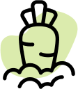 Minimalist black line icon of a carrot growing in the soil with a soft lime green abstract shape in the background.