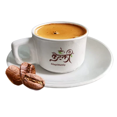 KT-coffee-Photoroom Kettly branded coffee cup and saucer set with roasted coffee beans on a minimal black background.
