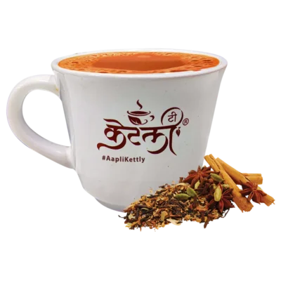 KT-masala-tea1-Photoroom Authentic Indian Masala Chai in an Aapli Kettly white cup with whole spices like cinnamon and star anise