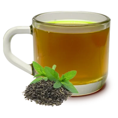 KT-Green-Tea Glass mug of brewed green tea with loose tea leaves and fresh mint garnish