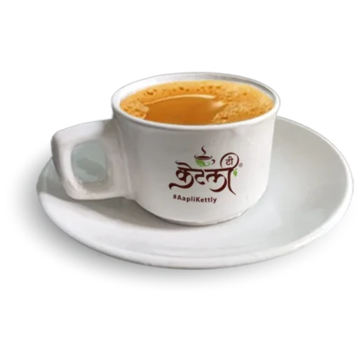 KT-Kadak-Tea Aapli Kettly white ceramic cup and saucer filled with hot Masala ginger tea